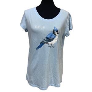Wingspan Inspired Womens XL Watercolor Blue Jay Bird Hand Printed Upcycled Tee